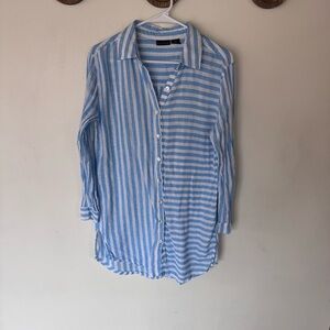 Tahari blue striped linen blend button up beach swimsuit coverup size medium